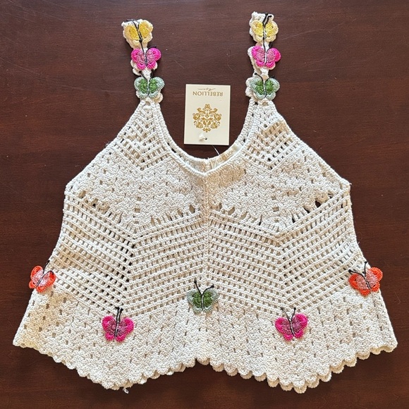 Brand New Rebellion Again Cream Crochet Tank Top Boho Crop Butterfly Cotton - Picture 15 of 15